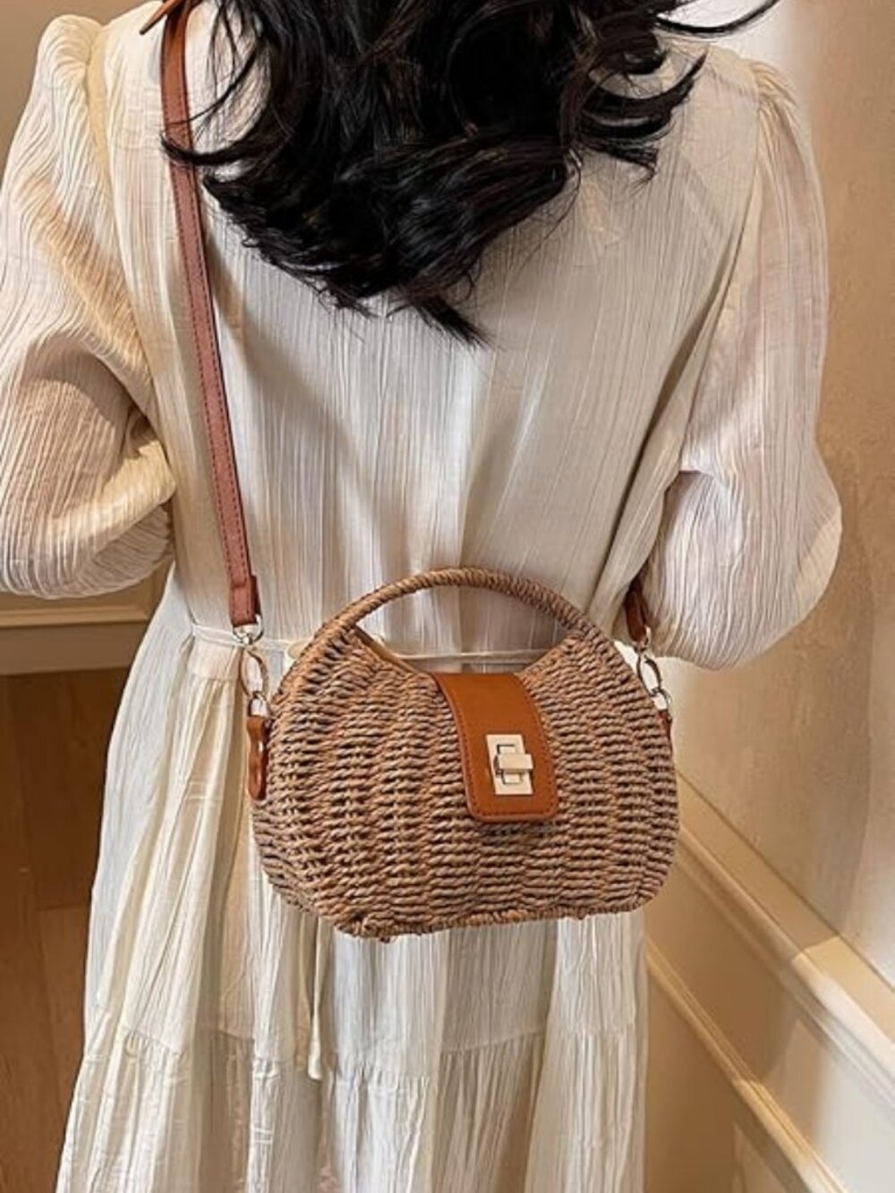 Neiman Marcus Khaki Brown Beach Straw Woven Bag - Picture 3 of 4
